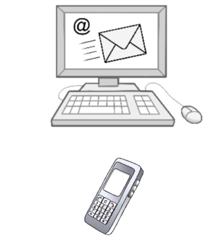 zwei Bilder: ein Computer mit Monitor, darauf ein fliegender Brief und ein @; darunter ein altmodisches Handy