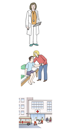 drei Bilder: Ärztin, eine Person hilft einer anderen, aus dem Bett aufzustehen, Eingang zu einem Krankenhaus